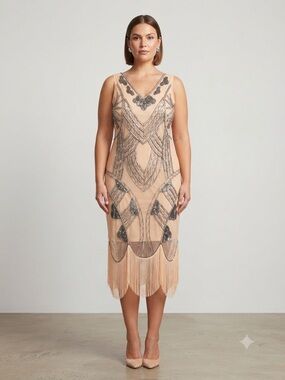 Gatsbylady London Art Deco Beaded Fringe Flapper Dress Nude Gold US 10 UK 14